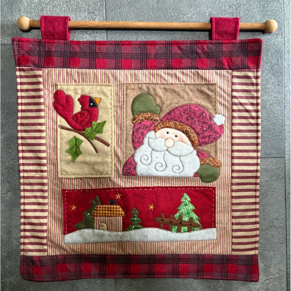 Christmas Santa Cardinal Cabin Wall Hanging Rustic Plaid Quilt Felt Handmade